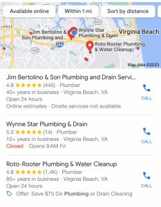 Plumber near me search on Google Maps